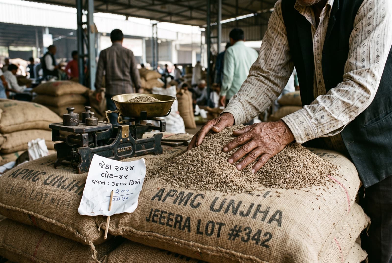 Cumin lot sampling at the Unjha APMC yard, Gujarat
